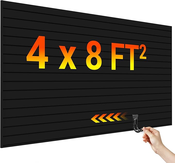 Ezlaino Slat Wall 4FT x 8FT, Versatile PVC Slatwall Paneling w/Long-Lasting Durability, Easy to Clean, Fits Most Slatwall Accessories, Ideal Organizer for Garage, Home & Store Storage, Black