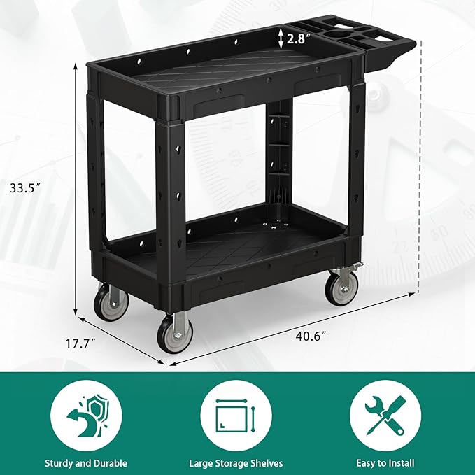 Heavy Duty Utility Rolling Tool Cart, 550 lbs Capacity Plastic Rolling Carts with 360°Swivel Wheels, 40 x 17 Inch Service Cart, 2 Shelf Work Cart for Warehouse,Garage, Cleaning, Black