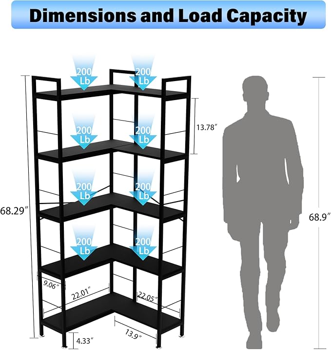 Corner Bookshelf, 69" Tall L-Shaped Bookcase for Home Office, Living Room, Bedroom - Space-Saving Storage Shelf with Metal Frame, Modern Wood & Industrial Design