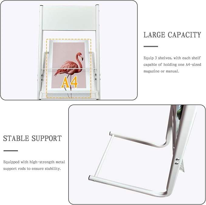 TONGMO Floor-standing 3-Layer Magazine Rack, Brochure Display Stand, made of high-hardness metal, suitable for Exhibitions, Offices, and any organization requiring information display. (3F-White)