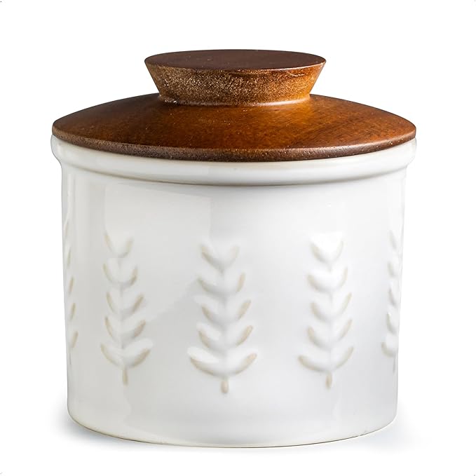 Ceramic Butter Dish With Lid, Butter Crock for Countertop, French Butter Keeper for Spreadable Butter, Elegant Embossed Pattern, Cream White