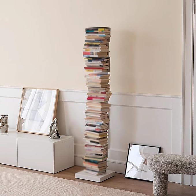 Invisible Vertical Spine Bookshelf Tower,Tall Narrow Metal Bookshelf for Small Space,Corner Floor Standing Book Organizers for Living Room, Office, Entryway(8 Tier, White)