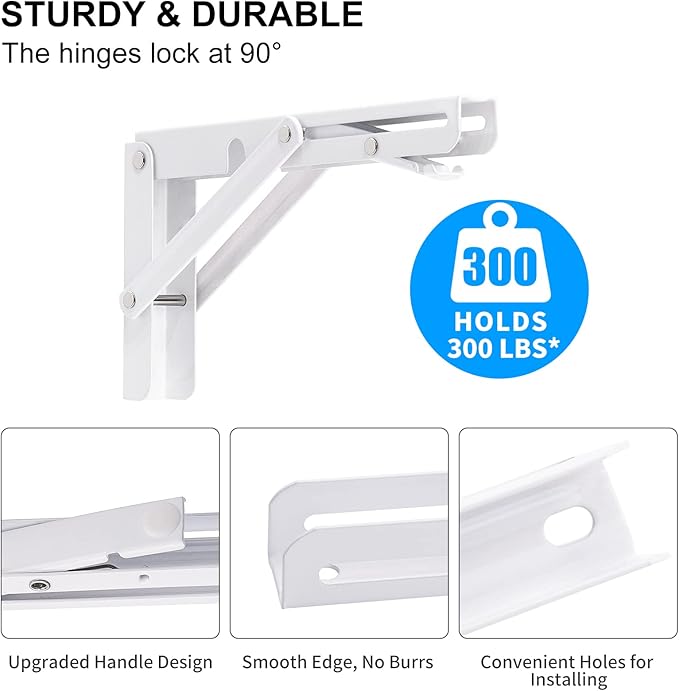 YUMORE Folding Shelf Brackets, 8 Inch Heavy Duty Collapsible Shelf Bracket, DIY L Bracket for Workbench Folding Table Hinge, Max Load: 300lb, White, 2 Pack