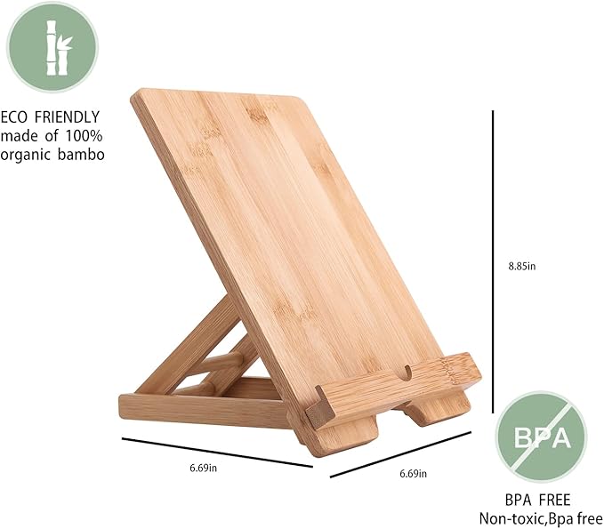 Bamboo Tablet Stand Holder - Adjustable Folding Wood iPad Stand With Chargeable Hole for Desk and Cooking (Tablet A)