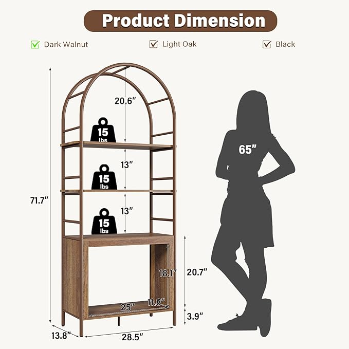 BREEZEHEAT 4-Tier Arched Bookshelf, 72" Tall Bookcase with Storage Shelves, Floor Standing Open Display Storage Shelf with Metal Frame, Large Organizer for Living Room, Home Office, Bedroom, Walnut