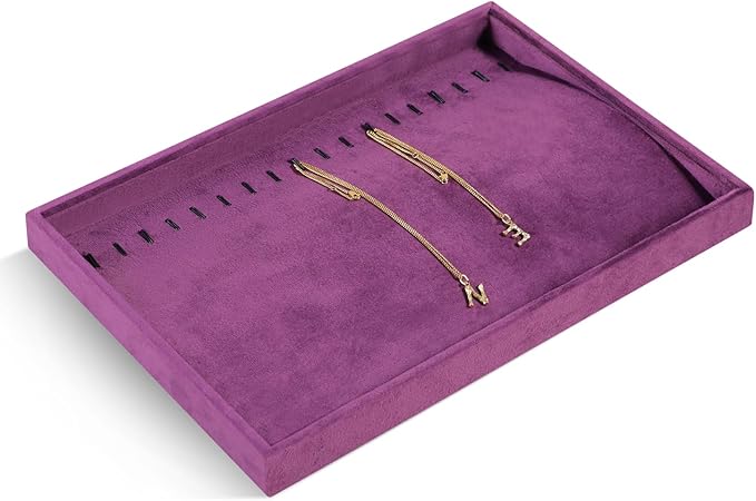 Velvet Jewelry Display Tray For Bracelet Pendant Necklace, Multi-Slot Stackable Storage Tray For Long Chain Jewelries, Drawer Insert Jewelry Organizer (Purple)
