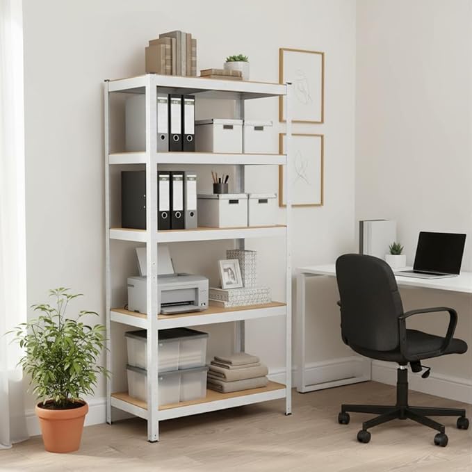 Weallux 5-Tier Metal Storage Shelf, White Steel Frame with Wood Shelves, 29.5 x 12 x 59 Inches, Adjustable Heavy Duty Utility Rack for Garage, Kitchen, Pantry