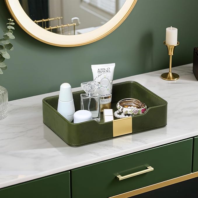 PU Leather Valet Tray with Gold Accent, Decorative Nightstand Organizer Desk Trays Cologne Organizer for Men - Key Bowl Vanity Trinket Tray for Dresser Bedside Entryway Table (Dark Green)