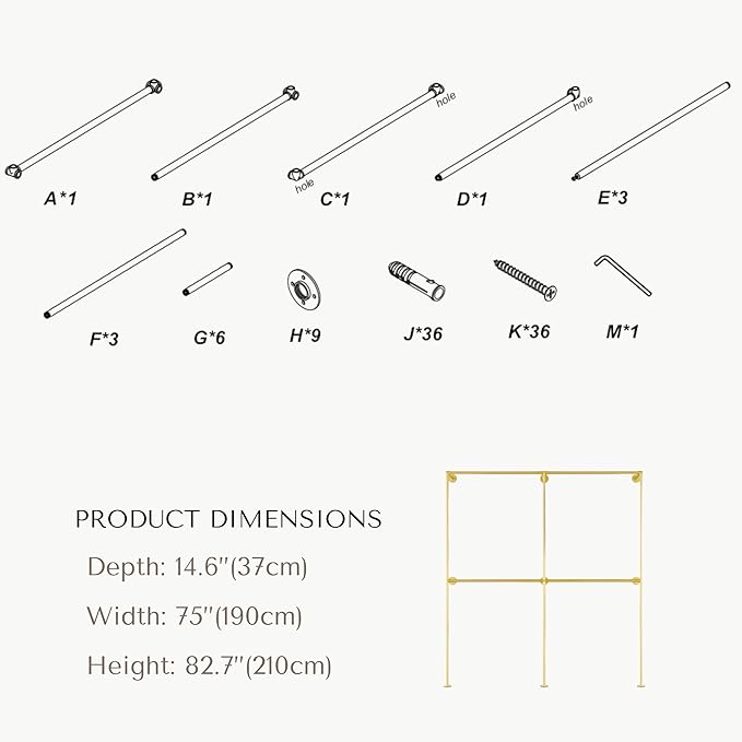 Industrial Pipe Clothing Rack, Heavy Duty Wall Mounted Clothes Rack, Retail Display Hanging Garment Rod for Laundry Rooms Closet Storage, 14.6x75x82.7 Inches, Model K09 Gold