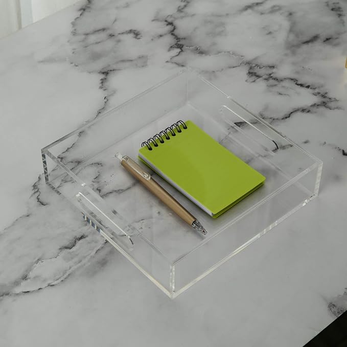 Clear Sturdy Acrylic Tray with Handles-8"x8"x2"H-Countertop Organizer Tray for Kitchen,Bathroom,Office- Storage Box for Cosmetics, Jewelry,Toiletries,Toy,Gadgets