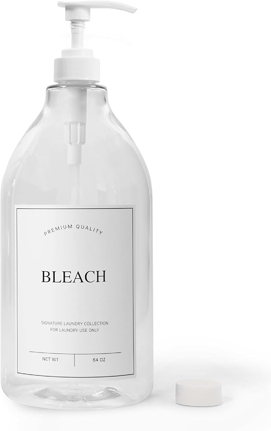 Calindiana Modern Farmhouse Bleach Liquid Laundry Detergent Dispenser for Laundry Room Decor and Organization, PET Plastic Landry Soap Containers with Water Resistant Label, Clear 64oz