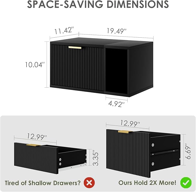 Masupu Floating Nightstand, Wall Mounted Floating Bedside Table with Storage Drawer and Open Shelf, Modern Bedroom Nightstand, 19.3" x 11.4" x 10", Black