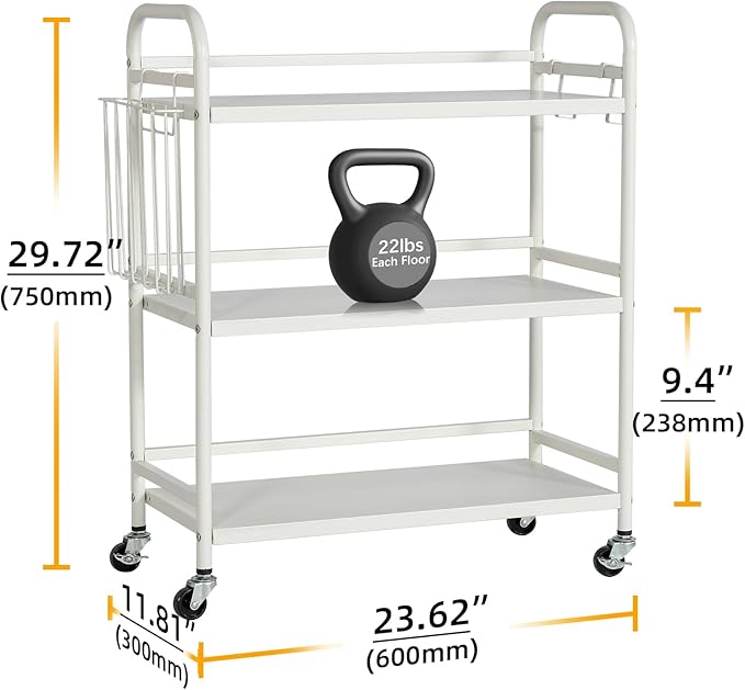HDANI 3 Tier Metal Rolling Utility Cart,High Capacity Multi Purpose Heavy Duty Cart for Office,Kitchen,Living Room,Bedroom,White