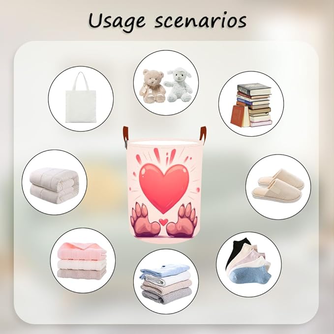 Laundry Baskets 15.7x19.7 Inch Large Paw Print Heart Design Collapsible Laundry Hamper with Handles Oxford Fabric Clothes Storage Bin Foldable Dirty Clothes Organizer for Bedroom Bathroom Dorm