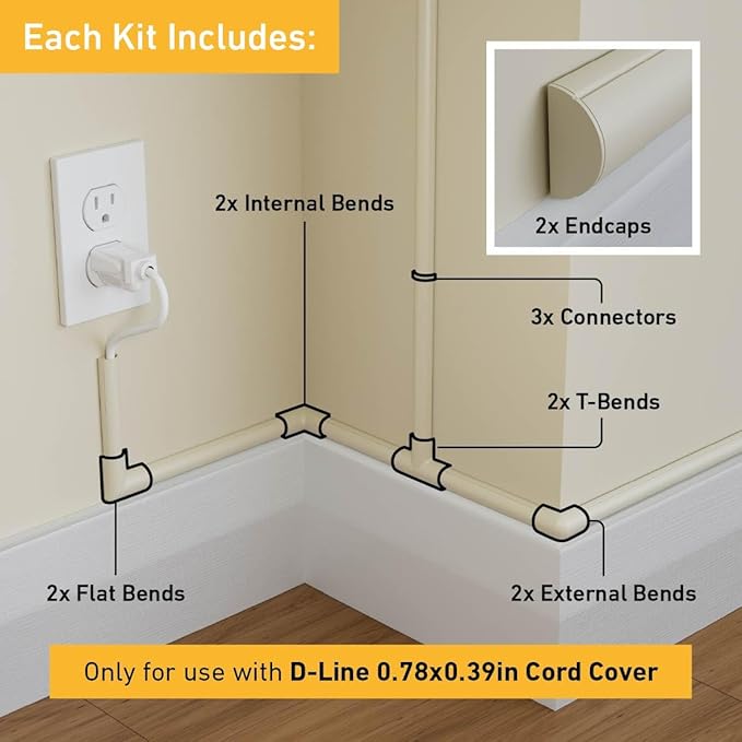 D-Line Small Cable Raceway Accessory Pack, Join 0.78in x 0.39in Cord Cover Lengths, 13 Accessories Included, Hide Cords Around a Variety of Angles - Beige