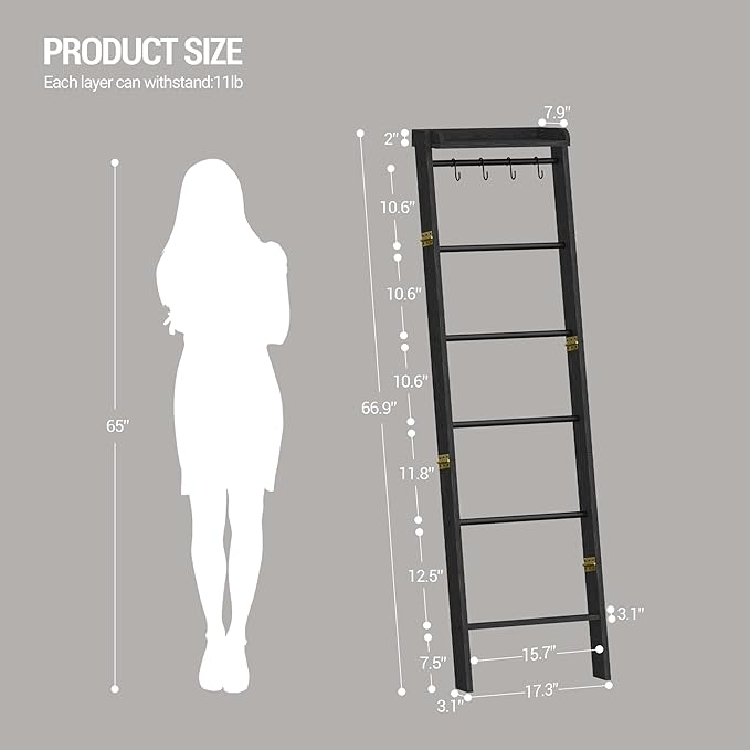 Blanket Ladder Shelf, Decorative Quilt Rack, 7-Tier Farmhouse Ladder Holder Organizer with 4 Removable Hooks, Black BR36804B