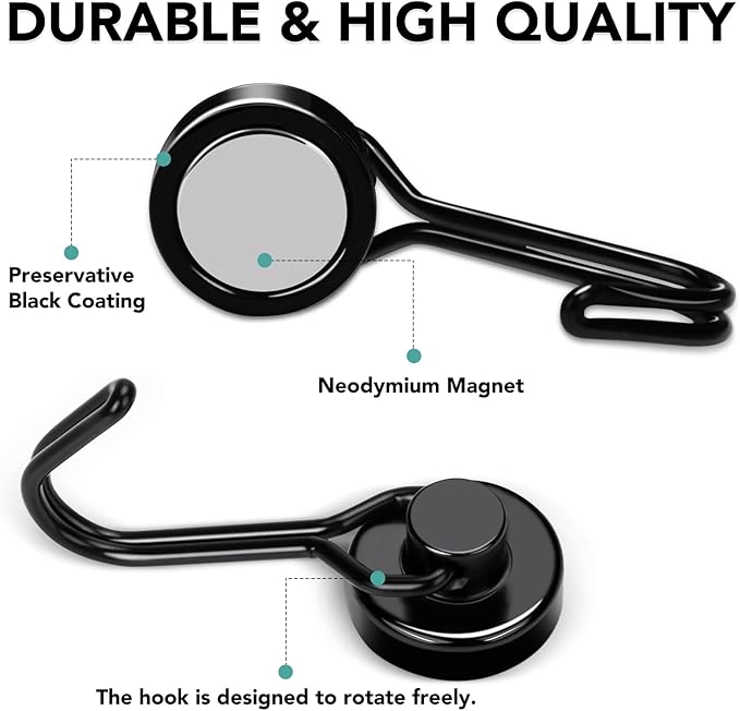 MIKEDE Magnetic Hooks, 40Lbs Heavy Duty Neodymium Magnet Hooks Black Magnets with Swivel Hooks for Hanging, Rust Proof Strong Magnets Hook, Magnetic Metal Hanger for Fridge, Storage, 6 Pack