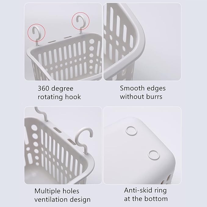 3PCS Plastic Hanging Baskets for Shower, Hanging Basket Organizer with Hooks, Rectangle 8.5Inches Small Hanging Storage Basket (Beige)