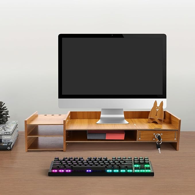 Monitor Stand,Computer Monitor Stand,Computer Rack with Drawers,Desk Shelf Wood Desk Organizer,Wooden Desktop Organizers w/Lock for Home Office Workspace Organizer (4.41lbs)