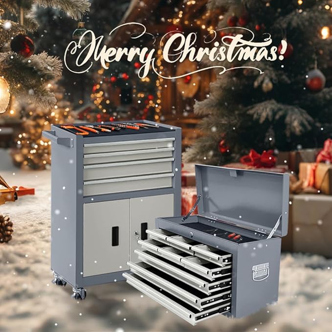 13-Drawer Rolling Tool Chest with Double Doors, 2 in 1 Detachable Rolling Tool Chest with Drawers, Mobile Tool Cabinet Combo, Metal Large Lockable Tool Box for Garage Workshop (Gray)