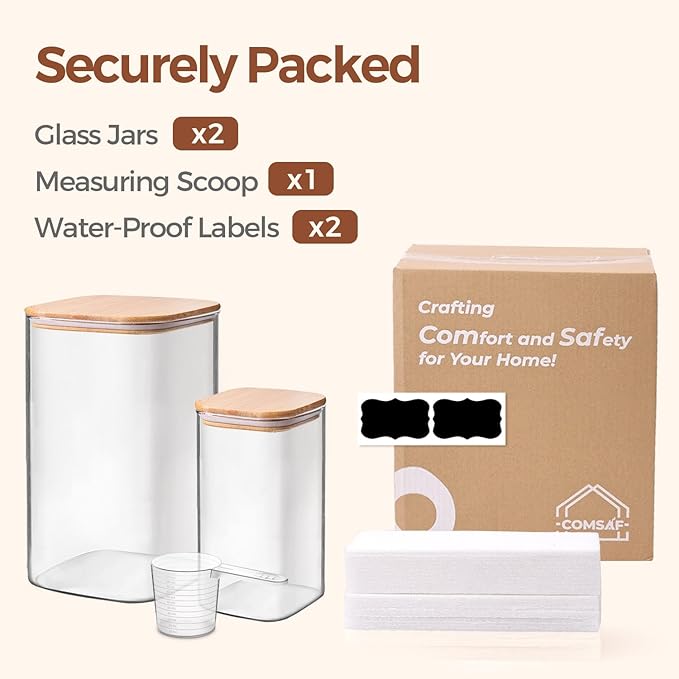 ComSaf Glass Pantry Storage Containers, 4.6Qt/1.6Qt Large Square Flour and Sugar Containers with Airtight Lids, 1.2 Gallon Glass Jars with Bamboo Lids for Rice, Pasta, Cookies, Coffee Beans