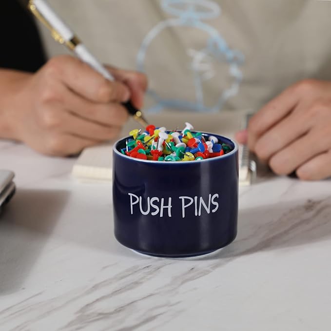 Ceramic Push Pins Holder, Paper Clips Dispenser Organizer for Desk and Binder Clips Holders Container for Office School Home Supplies 3.4Inch, Navy