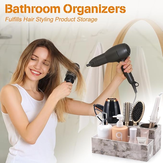 Marble Hair Tool Organizer - Bathroom Vanity Storage for Hot Tools, Hair Dryer, Curling Iron, Flat Iron & Straightener
