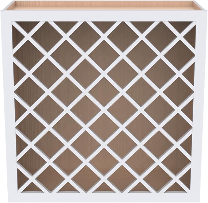 Solid Wood RTA Wine Bottle Rack Wall Cabinet with Lattice Panels - Bottle Holder Storage for Bar, Pantry, or Wine Cellar - Mocha Finish Countertop Solution (White, 24'W 12'D 30'H)