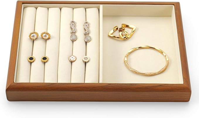 Oirlv Solid Wood Multifunctional Ring Earrings Studs Bangle Jewelry Organizer Tray Jewelry Drawer Organizer(Creamy-white)