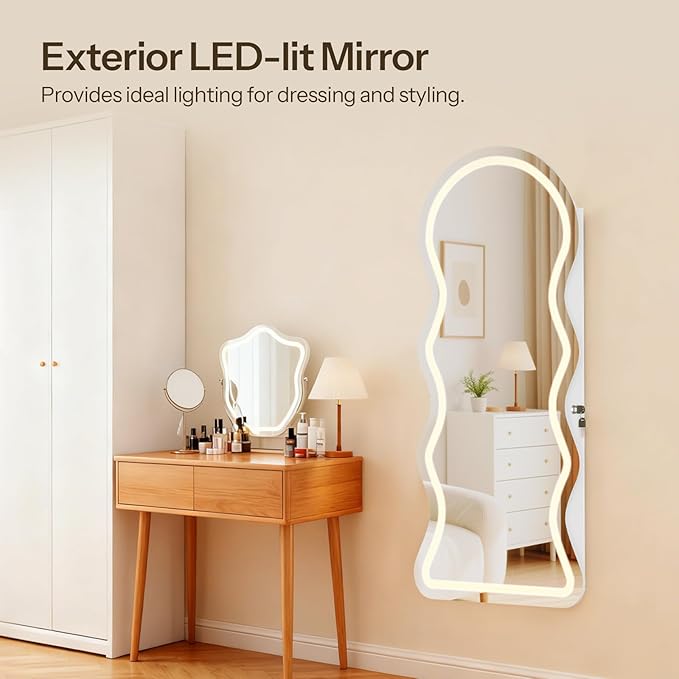 HOOBRO LED Mirror Jewelry Cabinet, Wall/Door Mounted Jewelry Organizer, Jewelry Aromire with Wavy Mirror Full Length, Lockable Cosmetics Storage Cabinet, Interior Mirror, 16.5" x 4.1" x 43.3", White