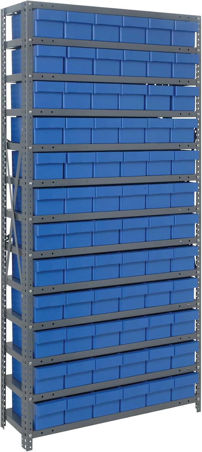 Quantum 1275-601BL Heavy Duty Shelving Unit with (13) Shelves and (72) QED601 Blue Bins for Garage Warehouse Storage Distribution | 400 lb Load Capacity | 12"D x 36"L x 75"H, Galvanized Carbon Steel