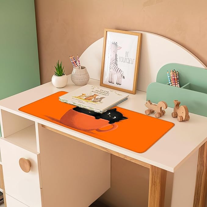 Large Cute Black Cat Mouse Pad, Extended Desk Mat with Non-Slip Base – 31.5 x 11.8 in – Cartoon Kittens in Orange Cup Design, Stitched Edges, Waterproof Gaming Keyboard Pad for Office & Home