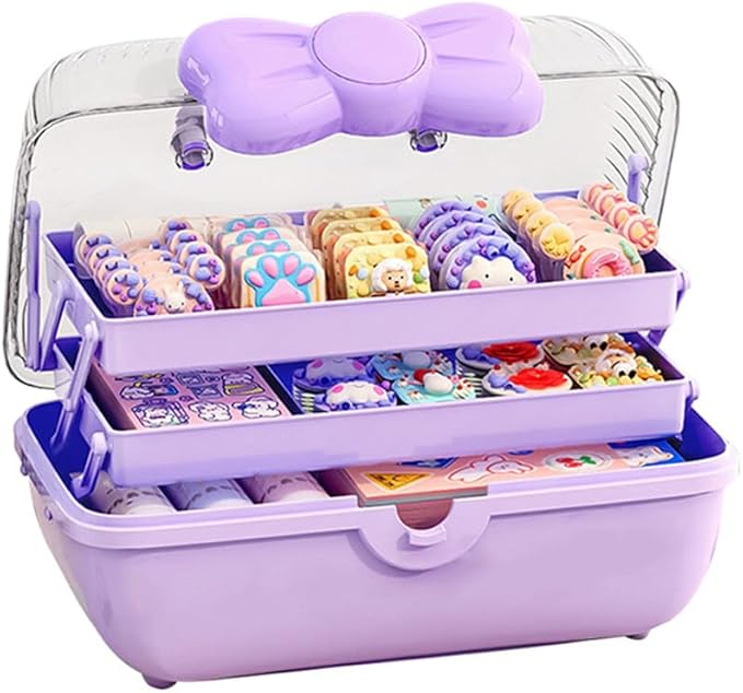 Cute Hair Accessories Organizer 3-Layers Kids Jewelry Storage Box Plastic Hair Accessories holder for Girls (Purple, 10.8 x 5.7 x 5.9 Inch)