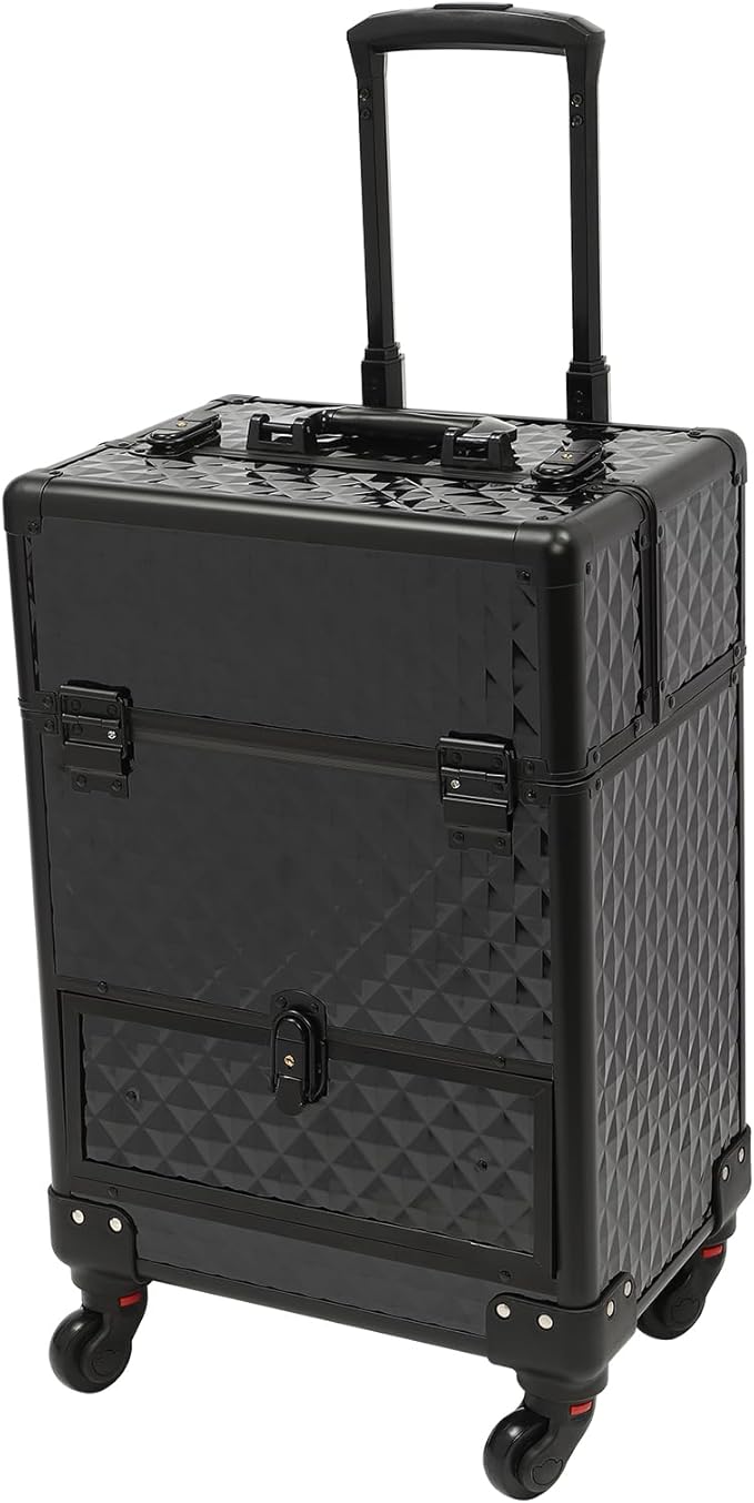 Rolling Makeup Train Case with Drawers, Portable Rolling Makeup Cart with Wheels, Black Cosmetology Storage Cart with 6 Compartments for Makeup Artists, Hairdressers, Pet Groomers