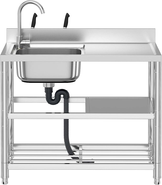 Free Standing Stainless-Steel Single Bowl Commercial Restaurant Kitchen Sink Set w/Faucet & Drainboard, Prep & Utility Washing Hand Basin w/Workbench & Double Storage Shelves Indoor Outdoor (39.5in)