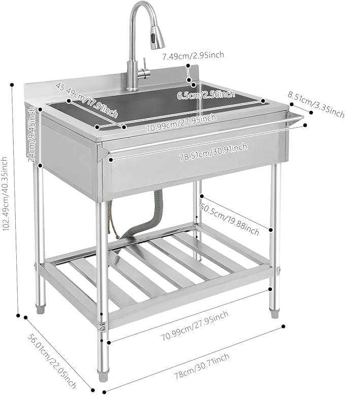 Stainless Steel Utility Sink, Free Standing Single Bowl Kitchen Sink with Pull-Out Cold/Hot Faucet, Storage Shelf & Splashback, Large Utility Sinks for Laundry, Garage 30.7"D x 22"W x 40.3"H Silver