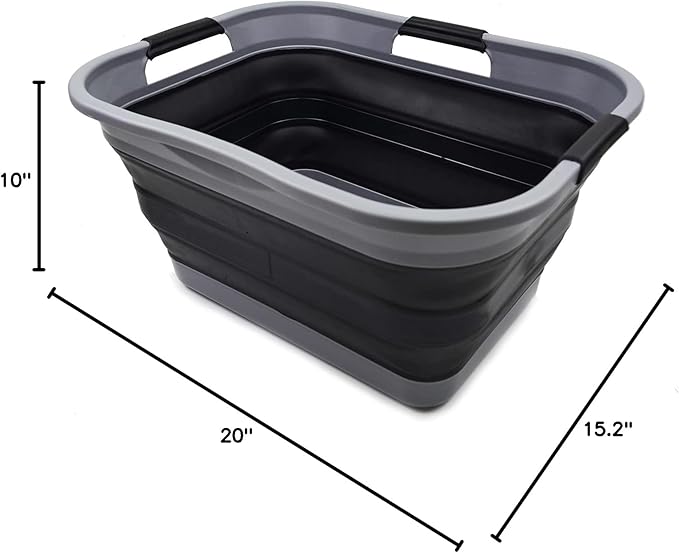 SAMMART 30L (8 Gallon) Collapsible Plastic Laundry Basket - Foldable Pop Up Storage Container/Organizer - Portable Washing Tub - Space Saving Basket - Water Capacity 24L(6.3 Gallon) (1, Grey/Black)