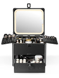 Qislee Makeup Box with Drawer and A Detachable Lighted Mirror, Waterproof Travel Train Case, Cosmetic Organizer and Makeup Suitcase with Adjustable Dividers, Magnetic LED Mirror (Black)