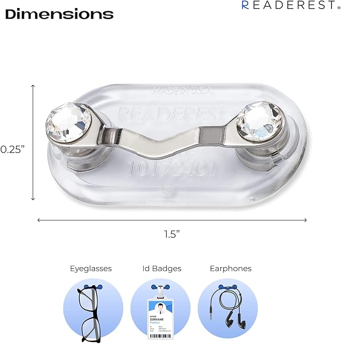 Readerest Magnetic Eyeglass Holder (2 Pack), Eyewear Shirt Clip for Men & Women, Glasses Holders for Readers, Sunglasses & Work Badges, USA Made (Stainless Steel + Crystals)
