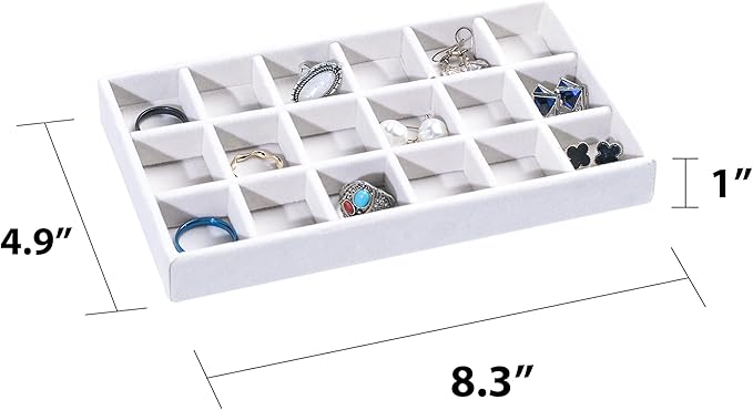 Frebeauty Jewelry Organizer Tray,Stackable Velvet Jewelry Trays,Drawer Inserts Earring Organizer For Women Jewelry Storage Display Case for Rings Stud Necklaces,8.3 x 4.9 x 1 Inches (White)