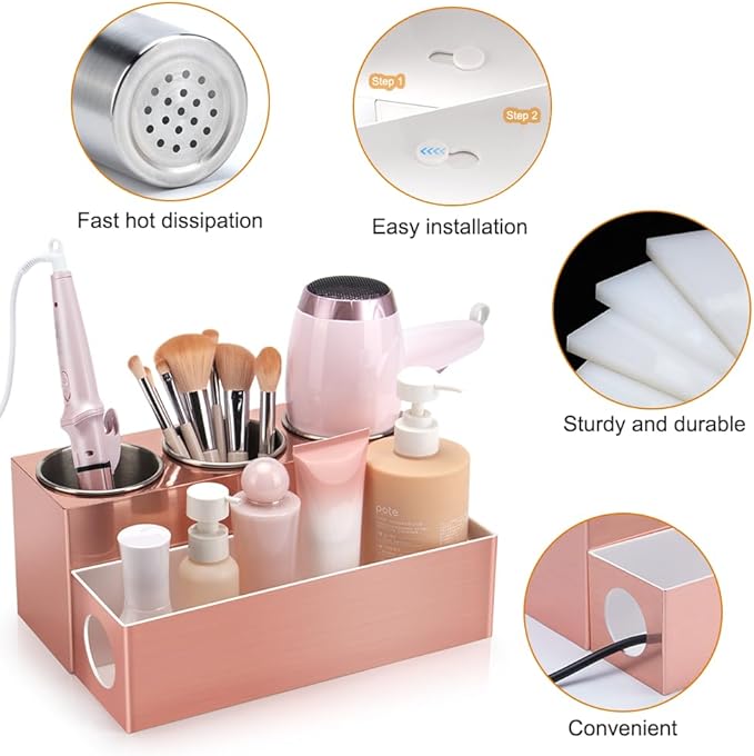 Hair Tool Organizer - Bathroom Vanity Organizers and Storage, Hair Styling Accessories Hot Tools Organizer Hair Dryer, Blow Dryer, Curling Iron, Flat Iron, Hair Straightener, Pink