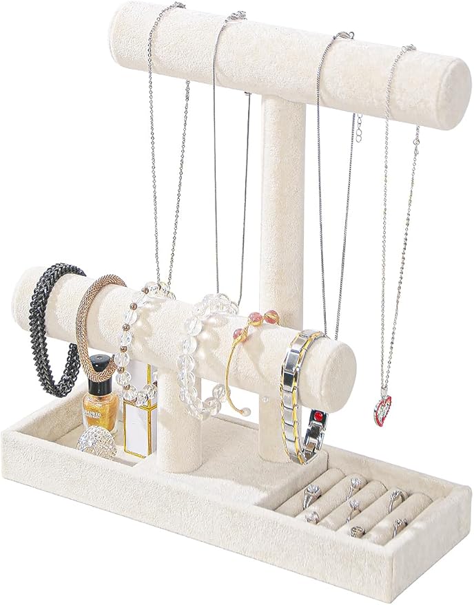 Coward 2 Tier Necklace Bracelet Holder Organizer With ring Tray, Multi-use Jewelry Display Stand For Necklace Bracelet Bangle Watch Scrunchie (Beige/no Lid)