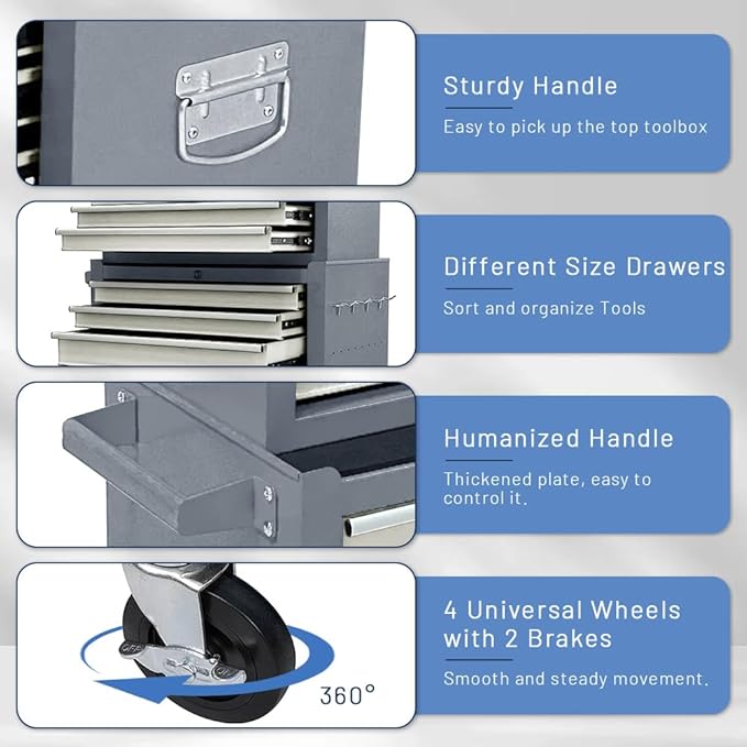 13-Drawer Rolling Tool Chest with Wheels, 2-1 Detachable Tool Chest with Drawers, Metal Tool Box with Lock, Large Tool Cabinet for Garage Workshop (Gray)