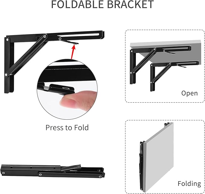 YUMORE Folding Shelf Brackets, 14 Inch Heavy Duty Collapsible Shelf Bracket, Black DIY L Bracket for Workbench Folding Table Hinge, Max Load: 330lb, 2 Pack