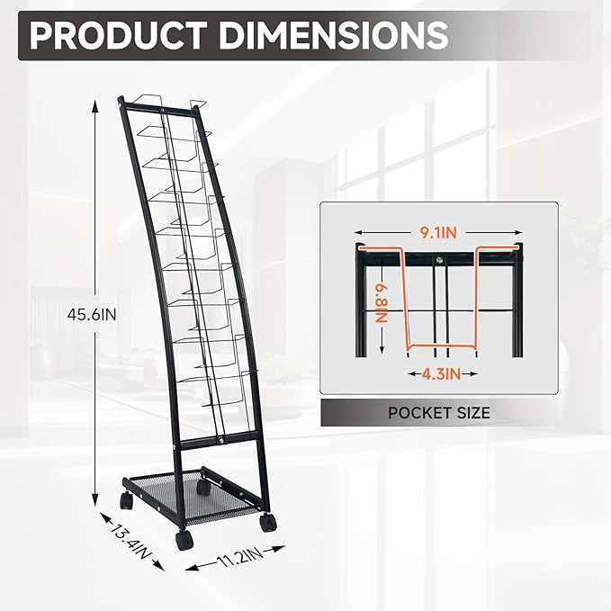 TONGMO Magazine Rack: Floor-Standing with Wheels, 9-Tier Brochure Display Stand for Exhibitions, Office, and Any Organization Requiring Information Display