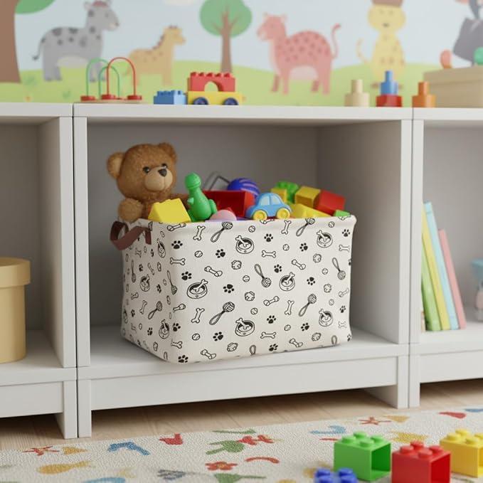 Dog Paw Storage Basket Waterproof Canvas Toy Storage Bin Storage Organizer Collapsible Outdoor Basket with Leather Handles Dog Toy Bin Blanket Baskets For Closets,Bedrooms,Gifts Baskets