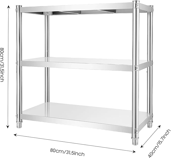 Metal Work Table,3 Tier Kitchen Storage Rack, Stainless Steel Shelving Unit Organizer with Adjustable Shelf for Pantry, Bathroom, Laundry Room, 66 lbs Load Capacity