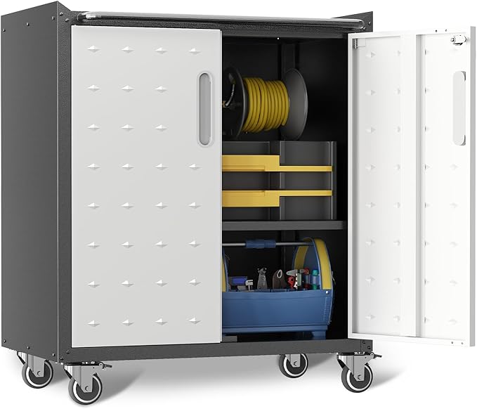 Wall Cabinet, Wall Mounted Cabinet with Lock and Adjustable Shelf for Garage, Tool Room, Kitchen, Assembly Required(Black and Gray)