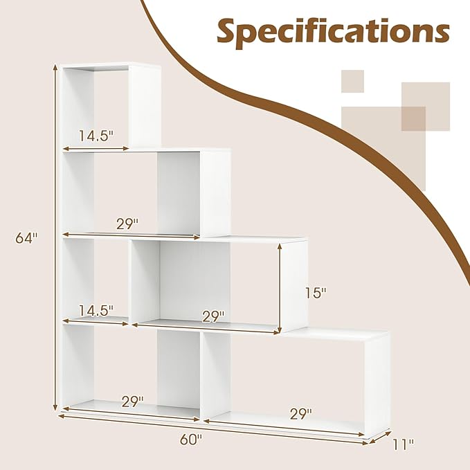 Tangkula 4-Tier Stepped Bookshelf, Freestanding 6 Cubes Ladder Bookcase with Anti-Tipping Kits, 64" Tall Modern Wooden Storage Display Rack for Home Office Living Room Study (2, White)