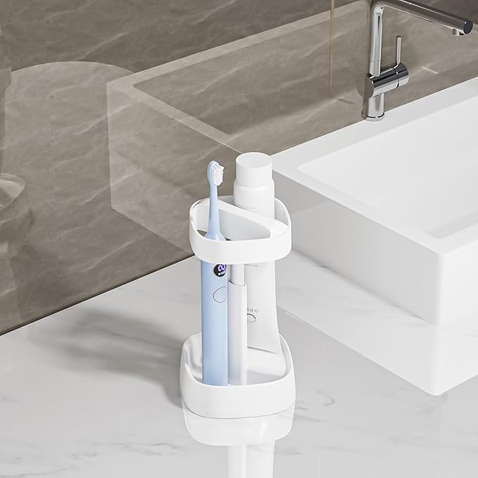 Toothbrush Holder with Cover/Cup, Bathroom Counter Organizer for Regular and Electric Toothbrushes and Toothpaste, Sleek Modern Bathroom Accessories, White